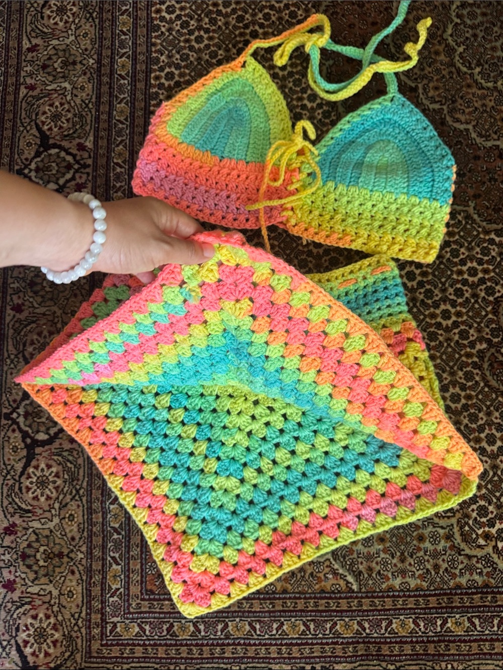 Handmade Crochet Bikini Top & Skirt Set - Neon Rainbow - Picture 2 of 4